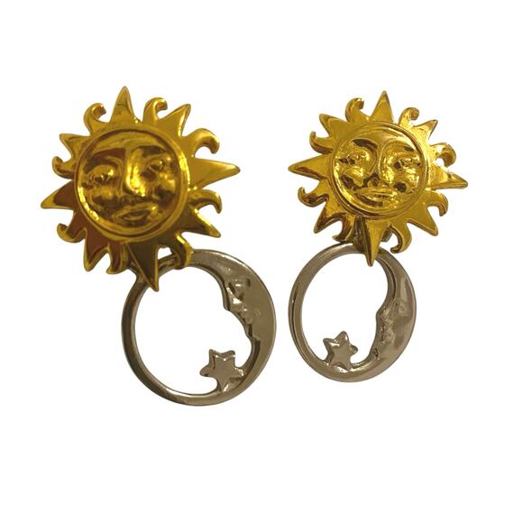 Adolfo Moon Face Star Gold toned and Silver Pierced Earrings Celestial - Picture 1 of 7